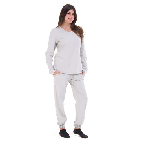 Women Fall Pajama Set Light Grey buttoned sweatshirt + pants